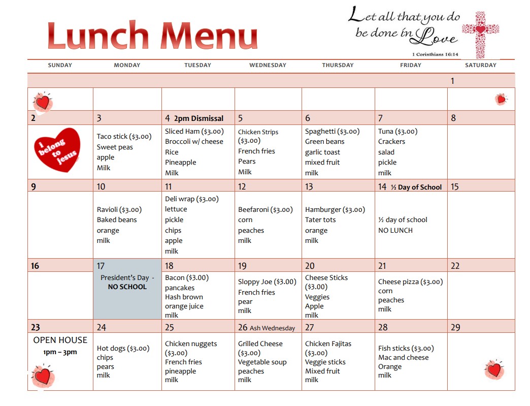 School and Lunch Calendar February 2020 St. Paul Catholic School